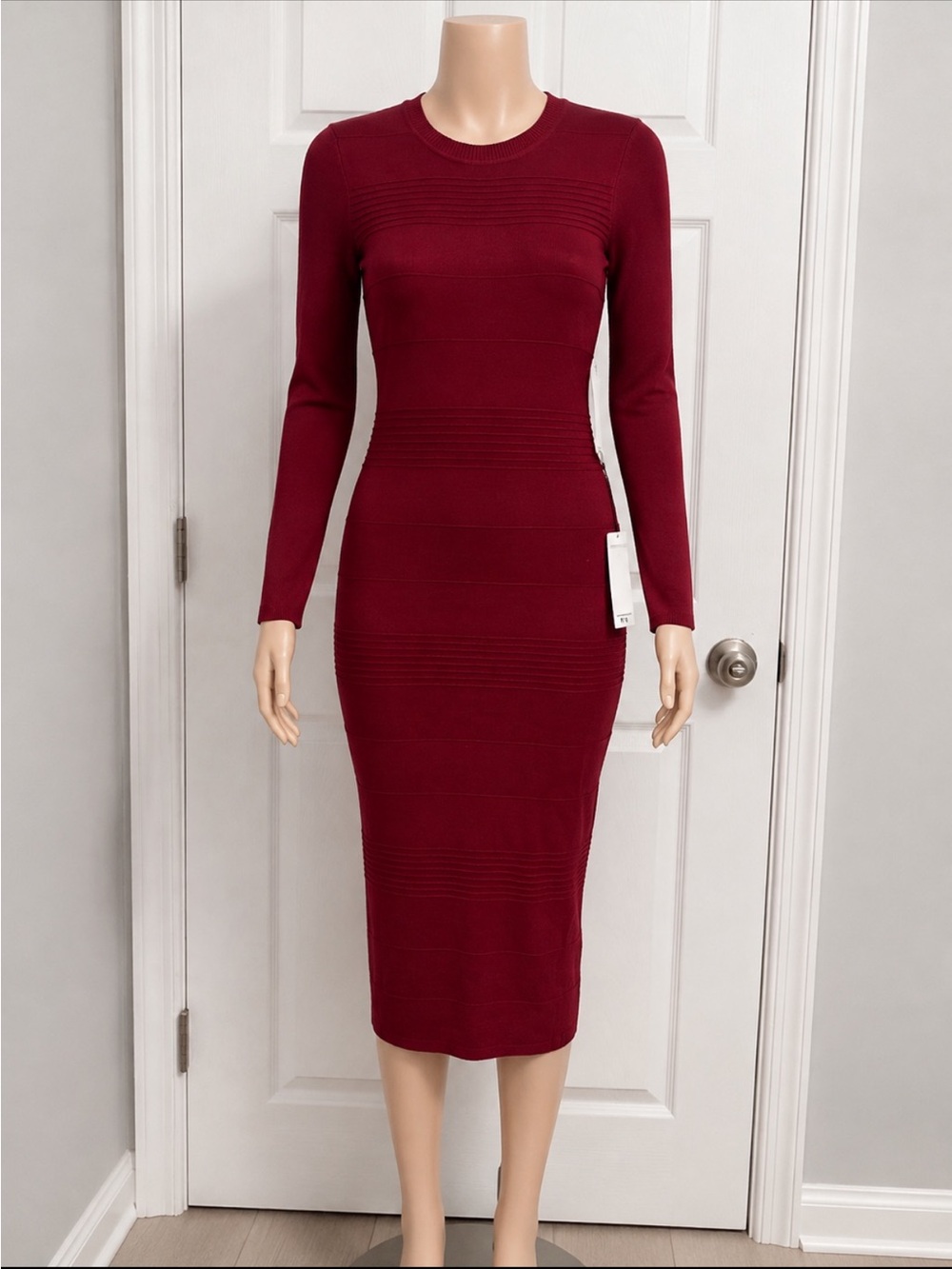 Women's Ribbed Long Sleeve Bodycon Dress - Burgundy